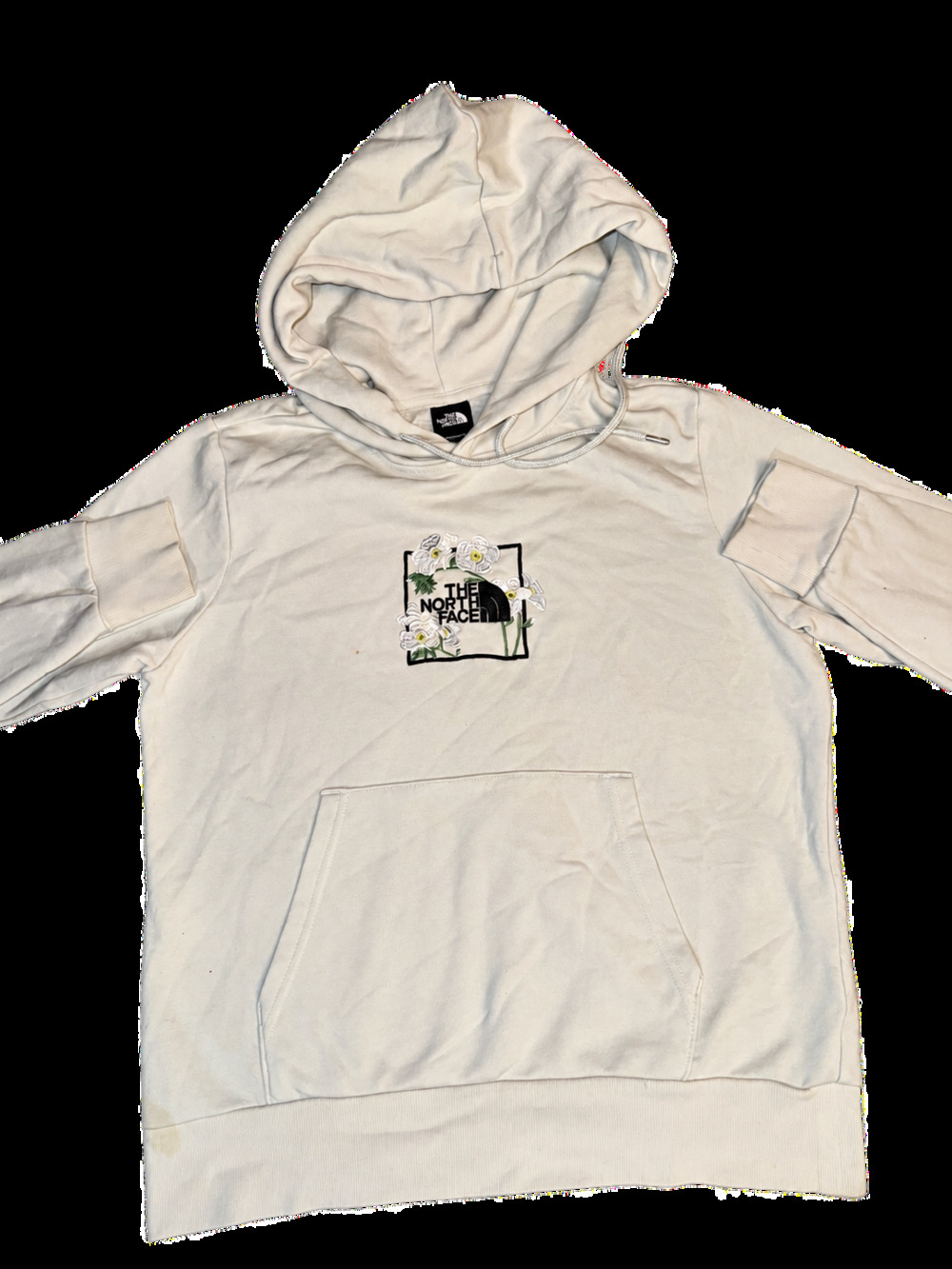 The North Face Floral Box Logo Hoodie Size M Cream Embroidered